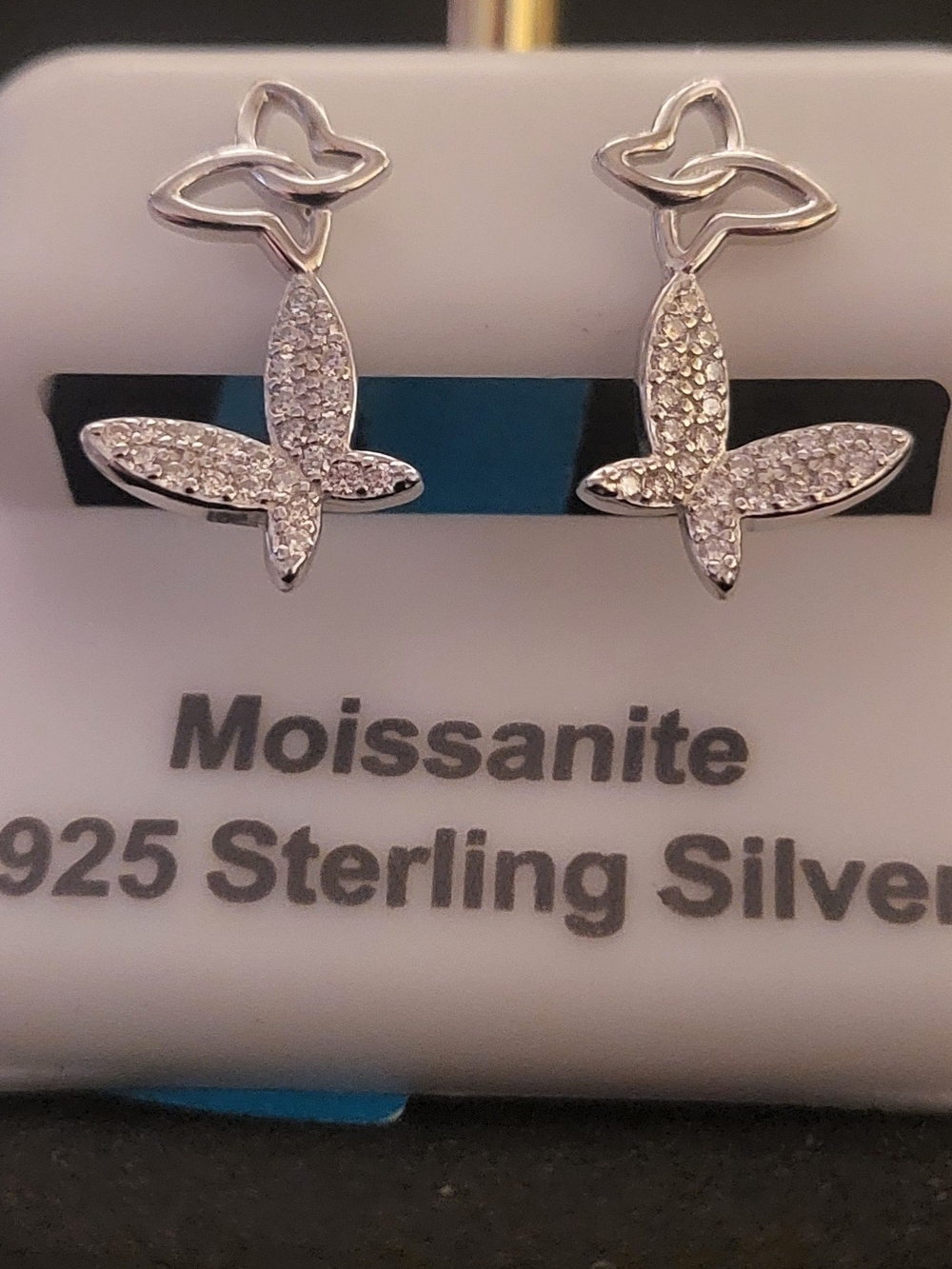 Sterling Silver Moissanite Butterfly Drop Earrings - Silver